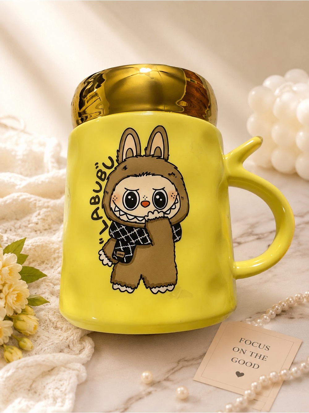 💛 Ceramic Mug with Gold Lid | New | Cute Coffee Mug | Gift Idea